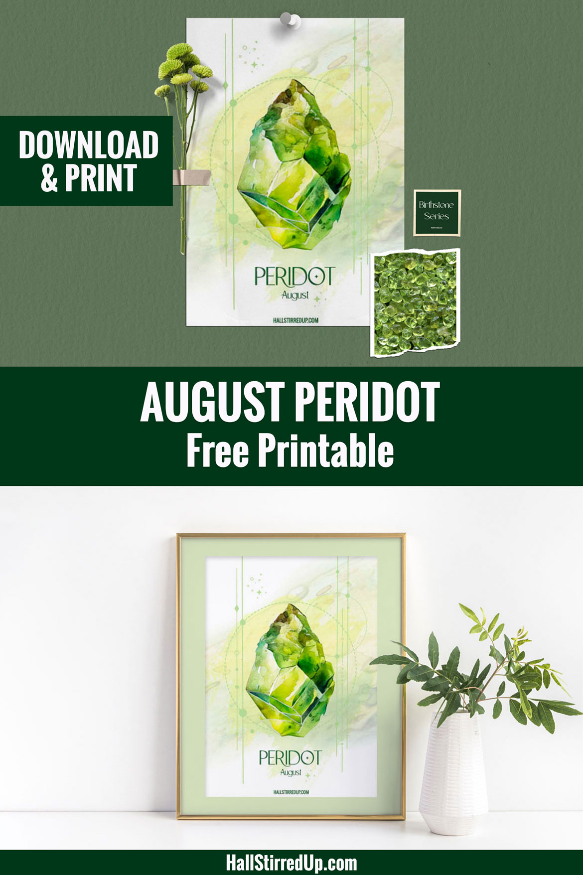 Pretty Peridot is the birthstone for August with free printable